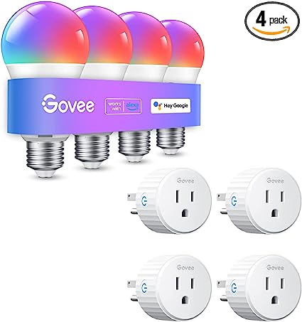 Govee Smart Light Bulbs, WiFi Bluetooth Color Changing Light Bulbs Bundle with Smart Plug, WiFi Plugs Work with Alexa & Google Assistant, Smart Outlet with Timer & Group Controller 4 Pack