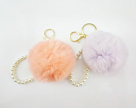 Yueton Pack of 2 Pearl Pendant Fur Ball Charm Key Chain for Car Key Ring or Handbag Bag Wallet Decoration (Pink Light purple)