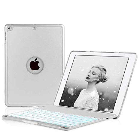Keyboard Case iPad 9.7 2018(6th Gen) - iPad 9.7 2017(5th Gen) - iPad Air 1-130 Rotating - 7 Color Backlit Keyboard -Thin & Light - iPad Case with Keyboard, (Silver, 9,7)