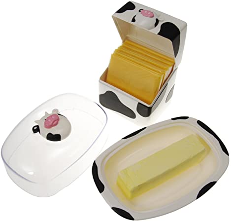 Joie Moo Moo Cow Covered Butter Dish & Cheese Slices Container Plastic Holders Bundle