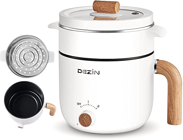 Dezin Electric Hot Pot with Steamer, 1.5L Non-stick Ramen Cooker, 2 in 1 Shabu Shabu Hot Pot, Multifunctional Cooker with Overheating Protection for Stew, Noodles (Egg Rack Included)