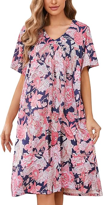 Bloggerlove House Dresses for Women with Pockets Mumu Dresses Short Sleeve Duster Lounge Dress Moo Moos Nightgowns