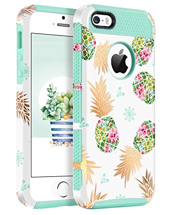 BENTOBEN Phone Case for iPhone 5, Case for iPhone SE, Pineapple Case for iPhone 5S, BENTOBEN Hybrid Hard PC Soft TPU Gold Pineapple Design Shockproof Protective Case for iPhone SE 5S 5, Mint Green