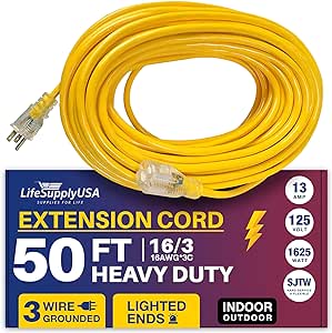 50 ft Power Extension Cord Outdoor & Indoor Heavy Duty 16 Gauge/3 Prong SJTW (Yellow) Lighted end Extra Durability 13 AMP 125 Volts 1625 Watts by LifeSupplyUSA