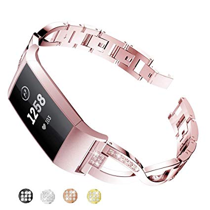 Taolla Compatible with Fitbit Charge 2 Bands Women, Elegant Stainless Steel Metal Replacement Bracelet Wristband X-Link Sport Smart Watch Strap   Bling Crystal Rhinestone Diamond for Fitbit Charge 2