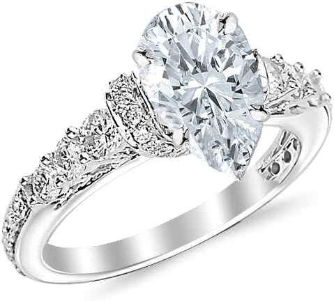 GIA Certified 1.45 Carat Pear Cut/Shape 14K White Gold Designer Four Prong Pave Set Diamond Engagement Ring� with a 0.61 cwt, D Color, VS1 Clarity Center Stone