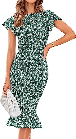 MASCOMODA Women 2023 Summer Floral Bodycon Dresses Short Sleeve Crewneck Fitted Ruffle Midi Smocked Mermaid Dress