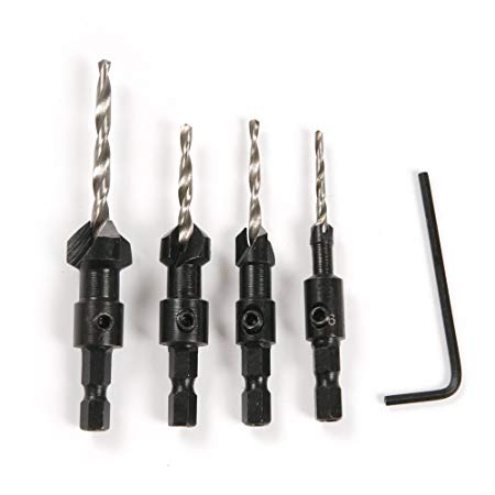 Atoplee 4pcs HSS Hex Shank Tapered and Hardened Countersink Drill Cone Bit Set Woodworking Tools   Small Wrench