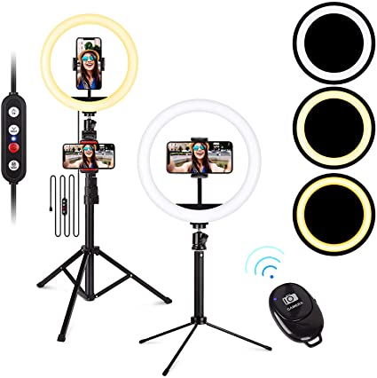 10.2" Selfie Ring Light with Floor & Desk Tripod Stands 2 Phone Holders, Bluetooth Remote, 10 Brightness, Circle Dimmable LED Beauty Ringlight for Live Stream/Makeup/YouTube Video/Tiktok