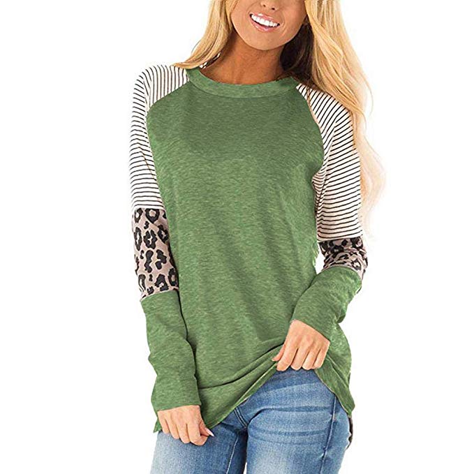 feriay Women Patchwork Stripe Print Long Sleeve O Neck Casual T-Shirt Tops Knits & Tees