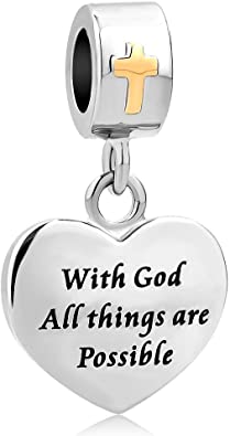 LovelyCharms Cross Charm with God All Things are Possible Religious Dangle Bead Fits European Bracelets