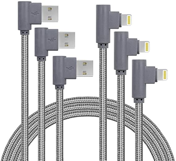 3 Pack 6FT MFi Certified 90 Degree iPhone Charging Cable 2.4A Super Fast Charging Cable Compatible with iPhone 11/ Pro/Max/X/XS/XR/XS Max/ 8/ Plus/7/7 Plus/6/6S/6 Plus (Gray, 6FT)