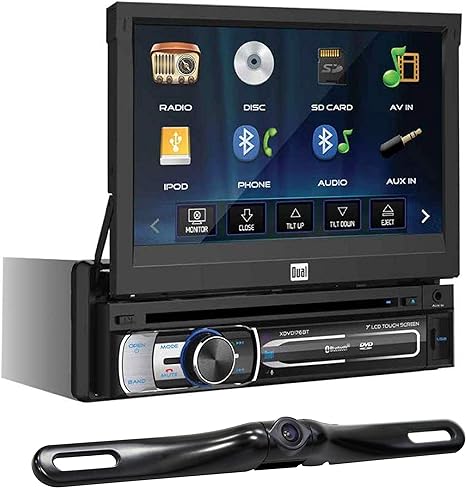 Dual XDVD176BT Single DIN Bluetooth in-Dash DVD/CD/AM/FM Car Stereo Receiver w/ 7" Flip Out Touchscreen   Absolute Rear Camera Back up
