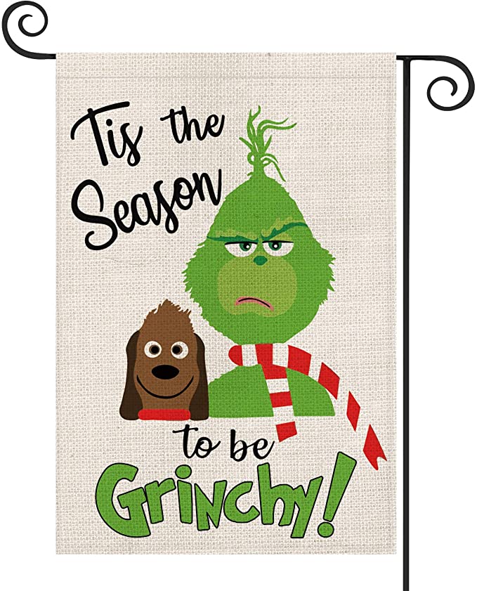 AVOIN Tis The Season to Be Grinch Garden Flag Vertical Double Sized, Christmas Winter Holiday Party Yard Outdoor Decoration 12.5 x 18 Inch