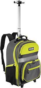 RYOBI Werkzeug-Rucksack RSSBP2 (integrierten Rollen, teleskopierbarem Griff, 600-Denier Polyester Korpus, Gepolsterte Schultergurte, 2x breite Innentaschen, eine mit Reißverschluss, mit Laptopfach)