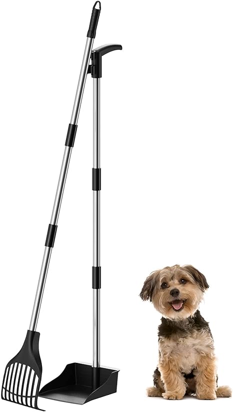 Lifewit Plastic Dog Pooper Scooper for Medium/Small Dogs, Adjustable Stainless Metal Pole Long Handle Poop Scoop Set with Rake and Tray for Lawns, Yard, Grass