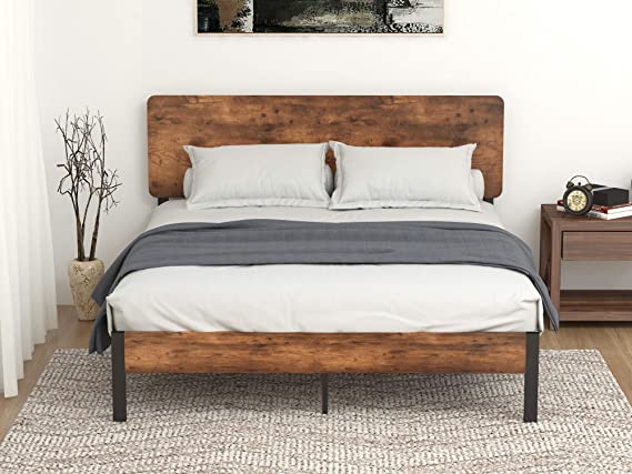 Allewie Queen Size Platform Bed Frame with headboard and Metal slats/Rustic Country Style Mattress Foundation/Box Spring Optional/Strong Metal Slats Support/Easy Assembly