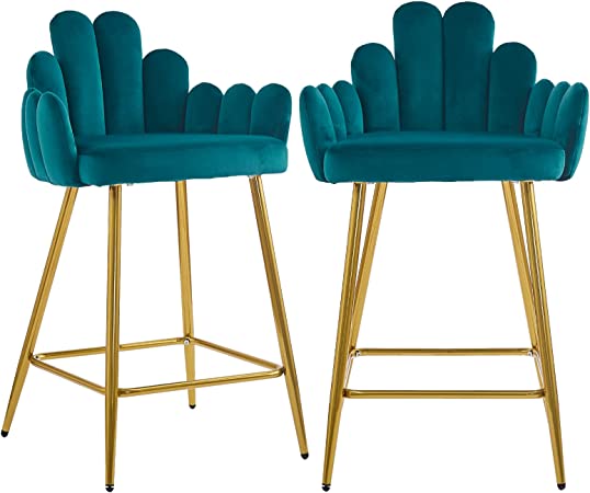 CIMOO Teal Velvet Bar Stools Set of 2 Upholstered Kitchen Island Chair with Gold Legs Counter Height Barstools Finger Shape Bar Chair with Back, 30 INCH