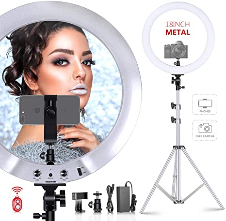 Neewer Upgraded 18-inch Ring Light Silver Metal Lighting Kit: 42W 3200-5600K Ring Light with Silver Aluminium Alloy Shell and Silver Stainless Steel Light Stand for Salon Selfie Make-up Video Shooting