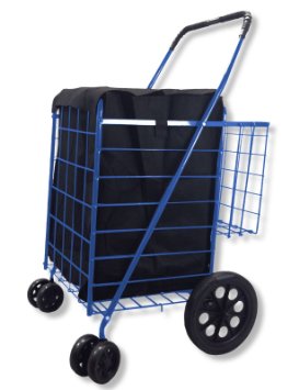 Folding Shopping Cart. Heavy Duty . Metal Body . Extra Basket. Front Swivel wheels. Free Liner 1 Year Warranty- National Standard Products® (BLUE)
