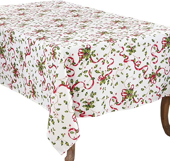 Fennco Styles Holiday Holly Collection Classic Holly Berry with Ribbon Printed 60 x 84 Inch Tablecloth – Multicolor Tablecloth for Christmas Dinner, Family Gathering, Special Events and Home Décor