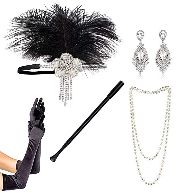 1920s Gatsby Flapper Costume Accessories Headband Gloves Cigarette Holder (Set P)