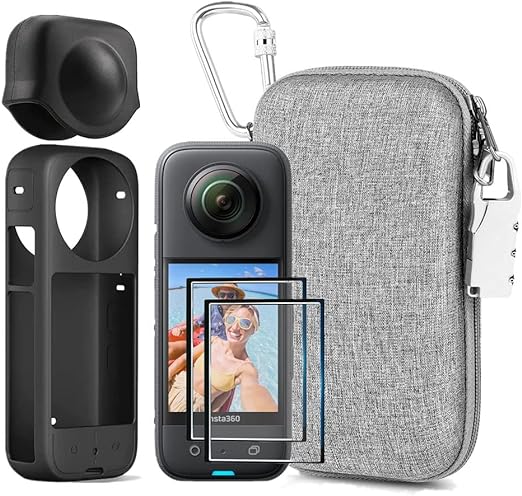 LEWOTE 7in1 Accessories Kit Compatible with Insta360 X3 [Silicone Camera Case Cover and Lens Cap][2Pcs 3D Screen Protector Film][Outdoor Carrying Case with Auto Locking Carabiner and Anti-loss Lock]