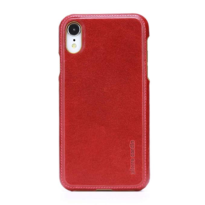 iPhone XR Case, Pierre Cardin Premium Genuine Cow Leather with New Slim Design Hard Case Cover Fit for Apple iPhone XR(6.1") (Red)