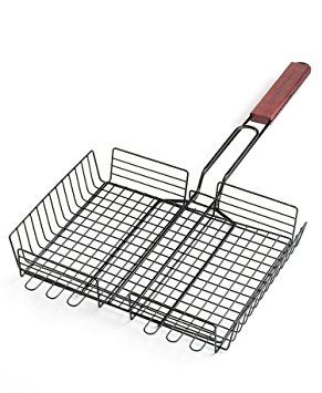 Charcoal Companion Non-Stick Rectangle Grilling Basket with Rosewood Handle
