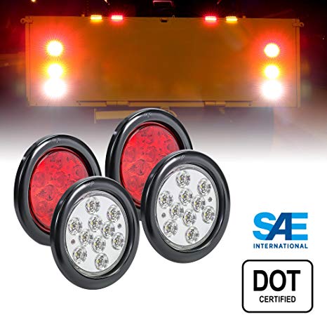 2 Red   2 White 4" Round LED Trailer Tail Light Kit [DOT Certified] [Grommets & Plugs Included] [IP67 Waterproof] Stop Brake Turn Reverse Back Up Trailer Lights for RV Truck Jeep