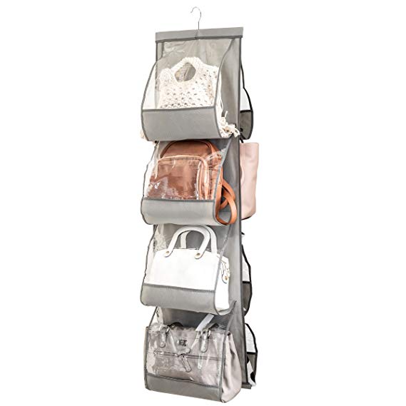 Zober Hanging Purse Organizer For closet Clear Handbag Organizer For Purses, Handbags Etc. 8 Easy Access Clear Vinyl Pockets With 360 Degree Swivel Hook, Gray, 47” L x 12 ¼” W