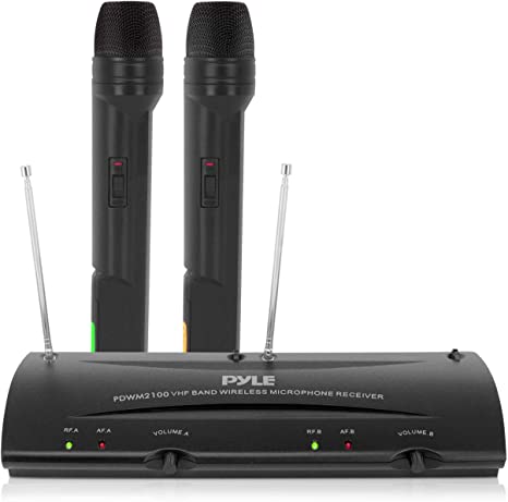 Pyle Dual Channel VHF Professional Wireless Microphone System Set with 2 Handheld Microphones, Receiver Base, 1/4'' Audio Connection Cable, Power Adapter - For Karaoke, PA, Public Event - PDWM2100