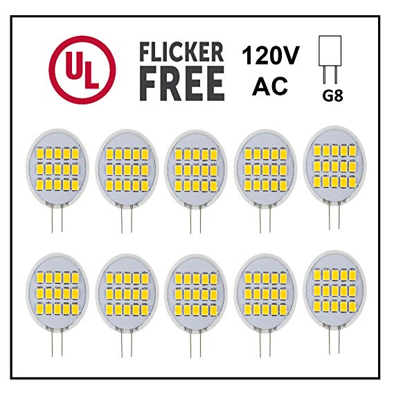 CBConcept UL-Listed Side-Pin G8 LED Light Bulb, 10-Pack, 1.6 Watt, 200 Lumen, NOT Dimmable, Warm White 3000K, 180°Beam Angle, Ceramic Sunflower, 20W Equivalent,Under Cabinet/Counter Puck Kitchen Light