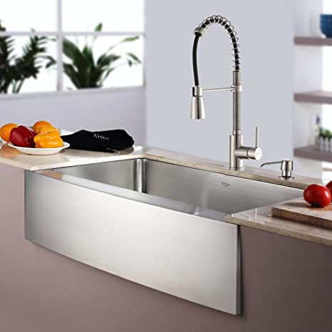 Kraus KHF200-30-KPF1612-KSD30SS 30" Farmhouse Single Bowl Stainless Steel Kitchen Sink with Stainless Steel Finish Kitchen Faucet and Soap Dispenser