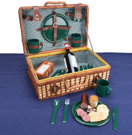 Wicker Rattan Suitcase Style Picnic Basket - 18" Long x 12" Wide with Service for 4 - by Home and Comfort