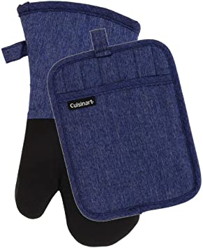 Cuisinart Chambray Neoprene Oven Mitt and Potholder Set, 2 Pack – Heat Resistant to 400 F – Handle Hot Items Safely – Non-Slip Grip Oven Mitt and Pot Holder with Hanging Loop – Indigo