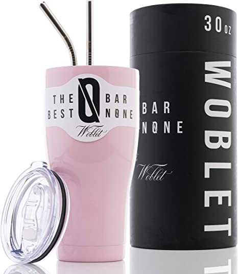 BAR NONE Woblet | 30 oz Stainless Steel Tumbler Vacuum Insulated Rambler Coffee Cup Double Wall Travel Flask Mug Insulated Stainless Steel Coffee Cup with Lid, 2 Straws, GiftBox (Parisian Pink)