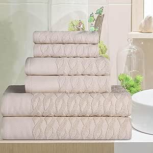 Superior Turkish Cotton Herringbone Jacquard 6-Piece Towel Set, Ultra Plush Towels for Bathroom, Shower, Spa, Home Accessories, Includes Face, Hand, Bath Towels, Apartment, Airbnb Basics, Ivory