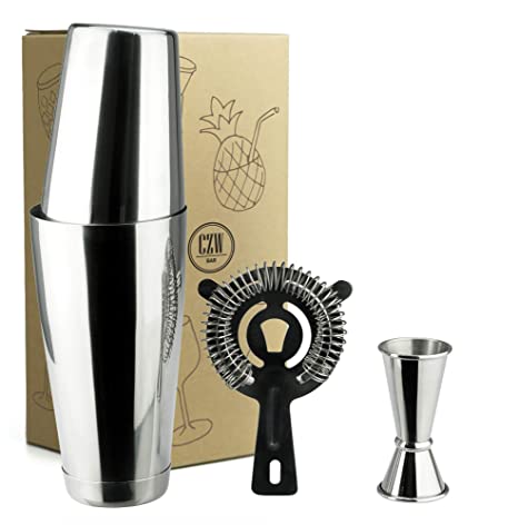 PG 4-Piece Boston Cocktail Shaker Bar Set, 18/8 Stainless Steel, 24oz 2-Piece Shaker with Cocktail Strainer and Double Jigger