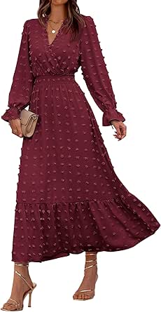 BTFBM Women Fall Dresses 2024 Long Sleeve V Neck Swiss Dots Maxi Dress Boho Long Dress High Waisted A-Line Ruffle Dress