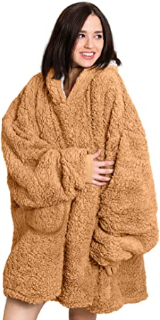 Roore Oversized Sherpa Wearable Blanket Hoodie | Super Soft Warm Reversible Hooded Sweatshirt Thick Plush Giant Pullover Fleece Sweater for Adult Men Women Teens Kids (Beige)