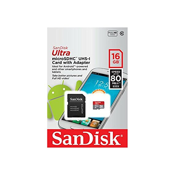SanDisk Ultra Class 10 UHS-I 80MB/s 16GB microSDHC Memory Card w/Adapter