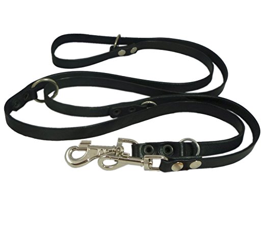 Black 6 Way European Multifunctional Leather Dog Leash, Adjustable Schutzhund Lead 49"-94" Long, 3/4" Wide (18 mm)