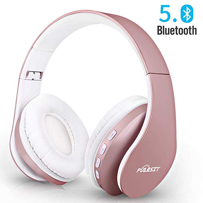 Wireless Bluetooth Headphones Over Ear, Puersit Hi-Fi Stereo Headset with Deep Bass, Foldable and Lightweight, Wired and Wireless Modes Built in Mic for iPhone Samsung TV PC Laptop (Rose Gold)