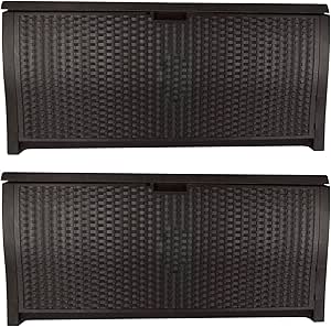 Suncast 99 Gallon Plastic Wicker Deck Box Container Storage for Garden, Garage, Home, Pool, Indoor and Outdoor Use, Mocha (2 Pack)