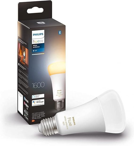 Philips Hue NEW White Ambiance Smart Light Bulb 100W - 1600 Lumen [E27 Edison Screw] With Bluetooth. Works with Alexa, Google Assistant and Apple Homekit