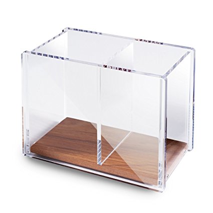 Acrylic Pencil Pen Holder Large, Zodaca [2 Compartments with Wood Base] Acrylic Pen Pencil Holder Large Capacity for Desk Desktop Stationery Organizer Desk Accessories, Clear/Brown (4.9" x 4" x 2.9")