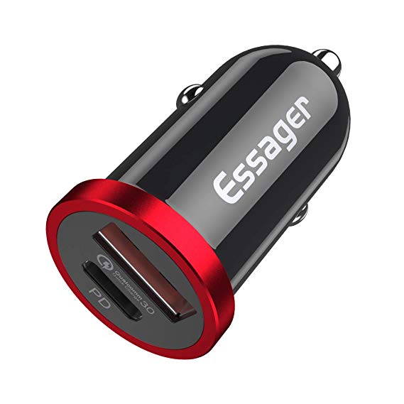 Essager Car Charger USB Type C Dual-Port QC3.0 PD 30W Fast Charging Compatible with iPad Pro 2018 iPhone X iPhone Xs Max Google Pixel Samsung Galaxy Note S9/S10 Huawei Xiaomi MacBook(Type C USB,Mini)