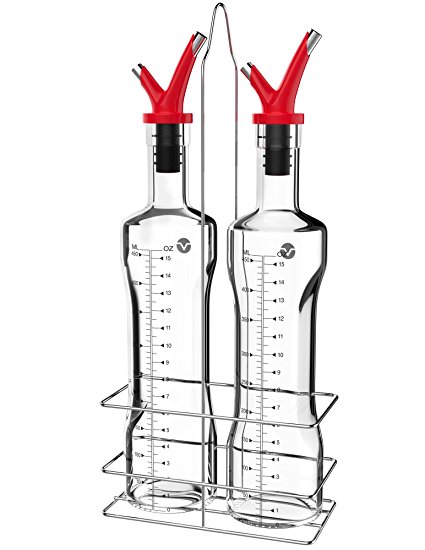 Vremi 17 oz Olive Oil and Vinegar Dispenser Set - Glass Cruet Bottles for Salad Dressing and Cooking - No Drip Double Pourer Spout Stainless Steel Caddy Rack - Kitchen Dispensing Cruets Red Stoppers