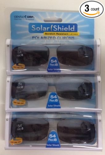 3 SOLAR SHIELD Clip-on Polarized Sunglasses Size 54 Rec 8 Black Full Frame NEW